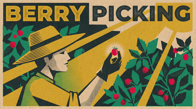Retro flat design illustration of a farmer picking raspberries in the sun. Halftone stipple texture agricultural poster template for organic farming, berry harvest, and summer agribusiness marketing.
