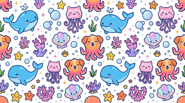 Cute Underwater Seamless Pattern with Whales, Jellyfish, Starfish, Dogs, and Corals