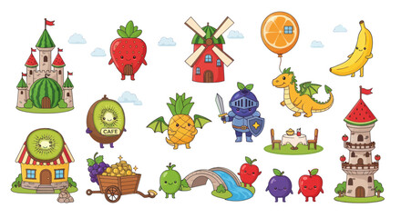 Fototapeta premium Cute Cartoon Fruit Characters and Whimsical Fantasy Structures Vector Illustration Set for Kids' Food Themes