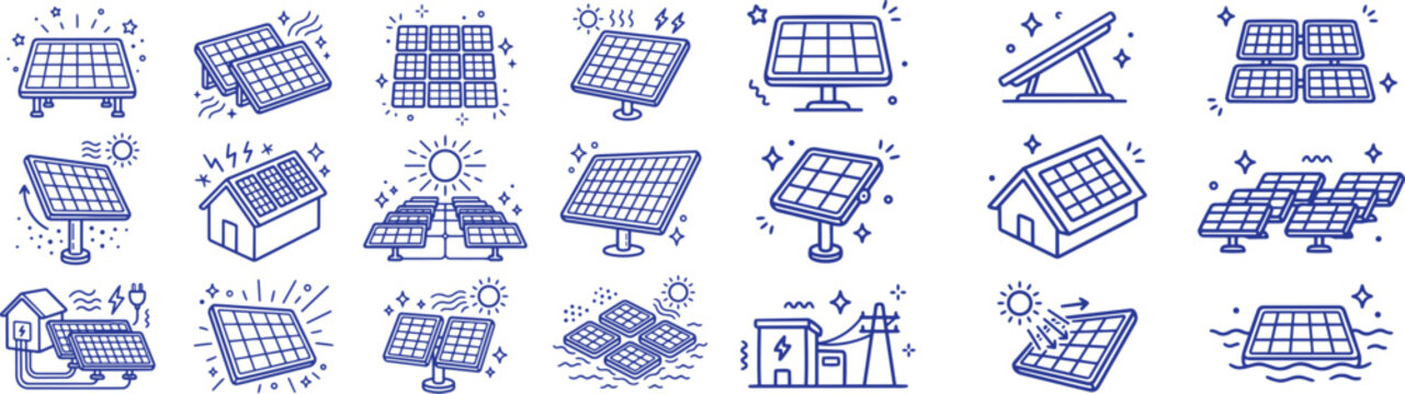Set of Hand Drawn Doodle Solar Panels & Plants | Vector Renewable Energy Illustration Pack