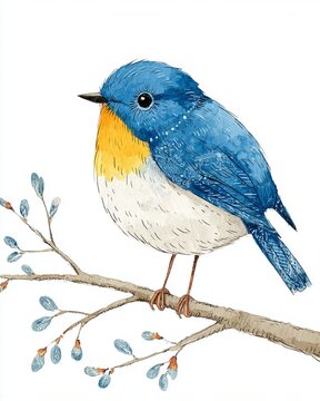 Vertical detailed watercolor illustration of a vibrant blue and yellow bird perched on a blossoming branch, perfect for nature-themed greeting cards or nursery decor