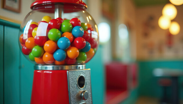 Red classic gumball machine filled with colorful round bubble gum balls. Vintage confectionery dispenser sits in retro diner booth. Sweet treat snack container.