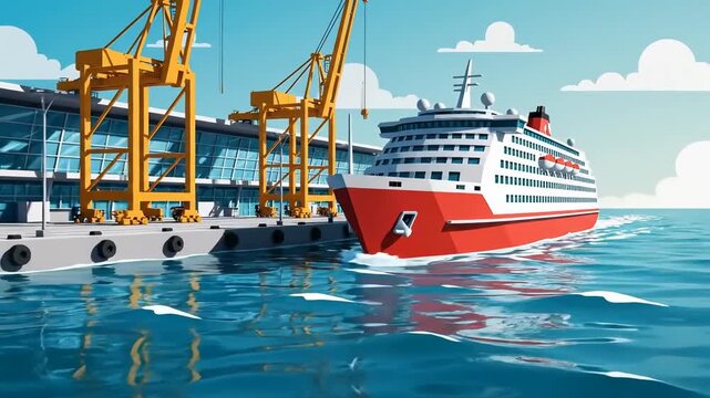 Cruise Ship Arriving At Port Terminal 3D Animation