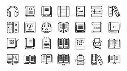 Fototapeta premium Black line icons of books headphones backpacks and stationery on white background