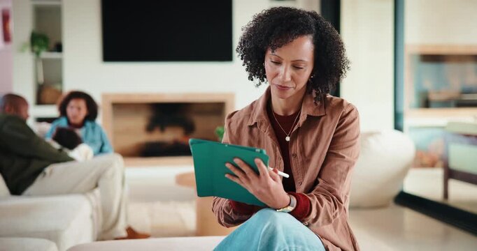 Tablet, planning and mother in home for remote work, article idea or inspiration for newsletter. Digital tech, copywriter and freelancer woman in living room for typing, story editing or feedback