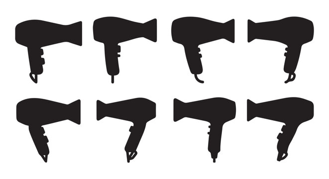 Eight black hair dryer silhouettes against a white background in a grid pattern for beauty concepts
