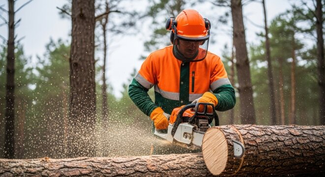 Man in orange safety gear actively cutting a felled tree with a chainsaw in a forest setting