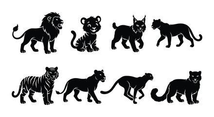 Black silhouettes of lions tigers lynx and leopards on white background © MdNirob