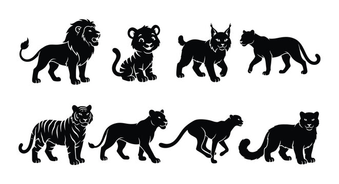 Black silhouettes of lions tigers lynx and leopards on white background