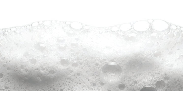 White soap bubbles texture with foam and water lather for cleaning and bath background