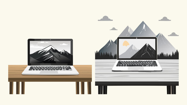 Illustration of two laptops displaying mountain landscape wallpapers on wooden tables with a stylized mountain background