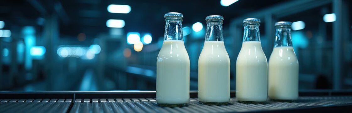 Glass milk bottles move on factory conveyor belt. Beverage production in modern dairy plant. Fresh white liquid in containers ready for distribution. Automated food processing.