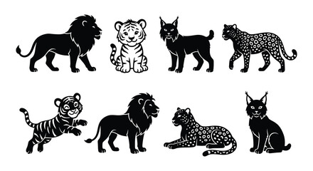 Black silhouettes of lions tigers lynx and leopards on white background © MdNirob