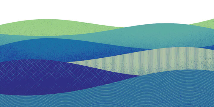 Abstract landscape illustration with blue and green wavy layers and geometric patterns in a minimalist flat style