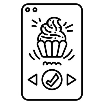 Outline bakery app icon with cupcake, check button, and navigation arrows.