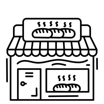 Outline bakery storefront icon with awning, bread sign, door, and display window.