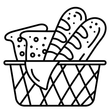 Outline basket icon filled with baguettes and sliced bread for bakery design.
