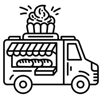 Outline bakery food truck icon with cupcake and bread display for street food.