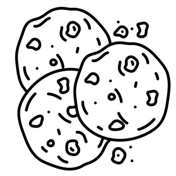 Outline cookie icon with three round chocolate chip cookies and crumbs.