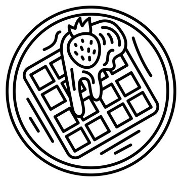 Outline waffle icon with strawberry and syrup for dessert bakery menu design.
