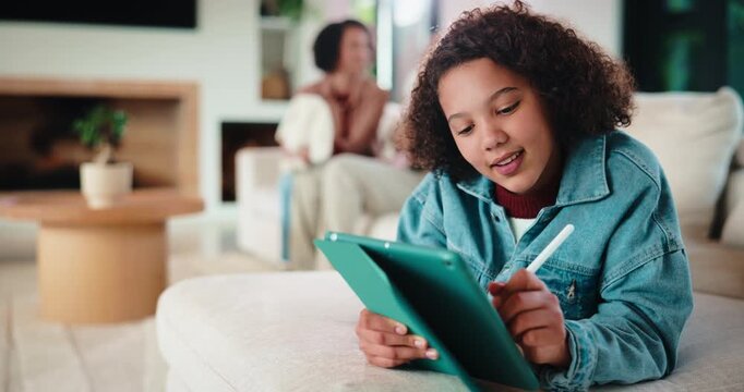 Family, writing or girl with tablet on sofa, elearning or homework project for knowledge development. Home, people or happy child with tech for assignment research, online course app or study notes