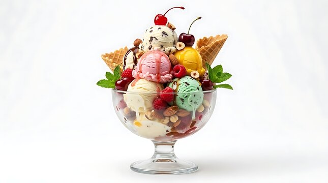 Extravagant ice cream sundae with cherries nuts and waffle cones