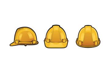 Fototapeta premium Bright yellow construction hard hat vector illustration from multiple views. Highly detailed industrial safety helmet set with bold outlines, perfect for safety signs and builder infographics.