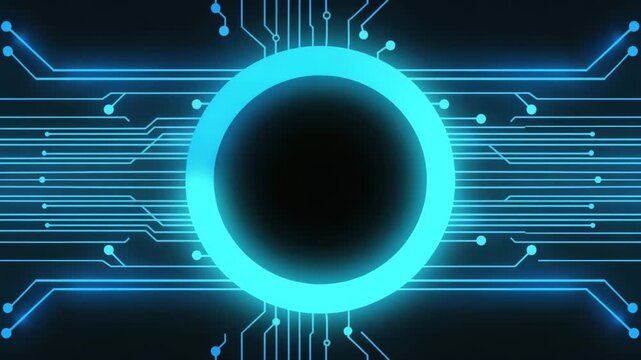 Glowing blue circular frame in the center of a complex circuit board pattern for tech logo and, digital concept
