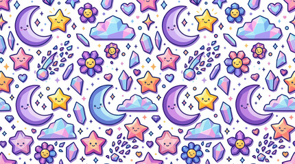 Naklejka premium Kawaii Fantasy Celestial Seamless Pattern with Cute Moons, Stars, Clouds, Crystals, Flowers - Vector Cartoon