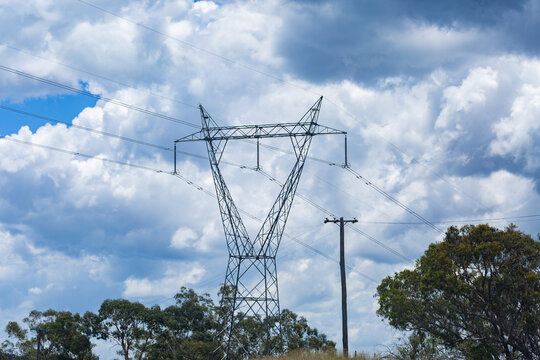 transmission tower electricity pylons in rural Australia transporting power through country