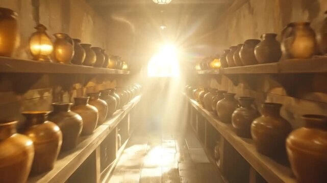 Rows of glowing ceramic containers in a dimly lit, aged storage room setting