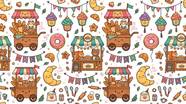Kawaii Cartoon Bakery Market Seamless Pattern with Cute Animal Bakers, Bread Stalls and Sweet Treats - Food Vector
