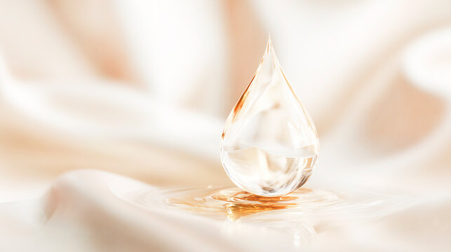 A luxurious cosmetic serum or oil drop on a soft beige silk fabric, a transparent golden drop of water with gentle waves and an elegant textile background.