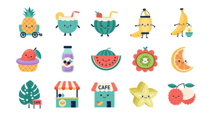 Obraz premium Cute Kawaii Fruit Characters and Food Shop Icons in Flat Style