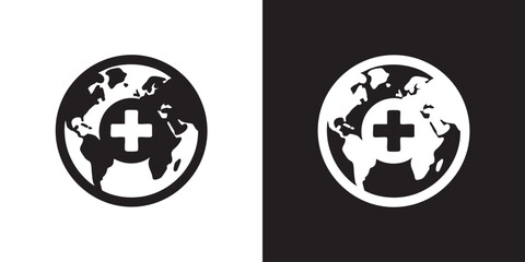Minimalist Global Health Emblem - Black and White Medical Cross in Earth Circle, Worldwide Healthcare Organization, and International Doctor Aid Vector © Arolicon
