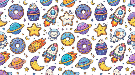 Naklejka premium Cute Kawaii Space Donuts and Rockets, Vector Illustration, Cartoon Style