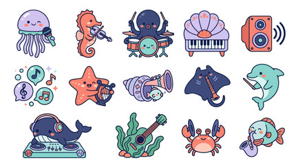 Naklejka premium Cute Cartoon Vector Illustration of Ocean Animals Playing Musical Instruments Set
