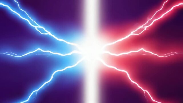 Red and blue lightning bolts clashing in the center with a bright white light for energy and power, battle concept