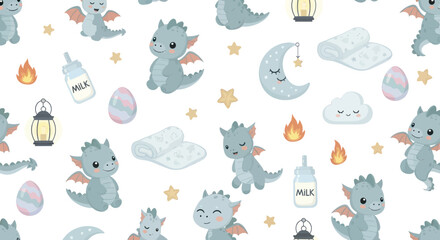 Obraz premium Cute Cartoon Baby Dragons Seamless Pattern for Nursery and Baby Products, Vector Illustration