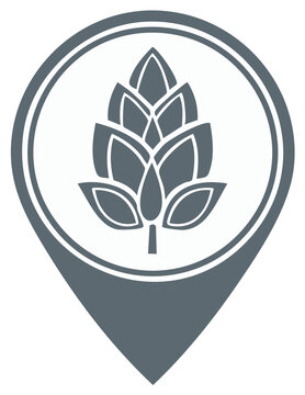 Hop cone location pin icon, gray circle with hop symbol, beverage industry