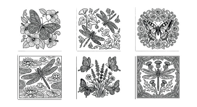 Floral butterfly and dragonfly patterns black and white vector set