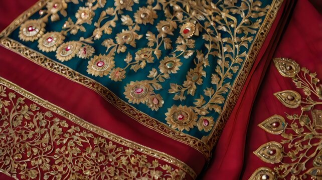 Close-Up of Indian Saree Design Intricate Traditional Fabric Patterns Elegant Textile Weaving Art Cultural Fashion Detail Photography