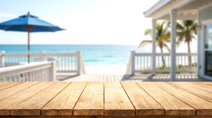 Fototapeta premium Wooden table top surface blurred coastal house porch blue umbrella for summer vacation product mockup display template