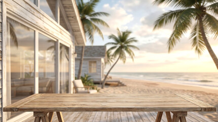 Fototapeta premium Empty Wooden Table Top with Blurred Sunset Beach House Deck for Summer Vacation Product Mockup Display Presentation
