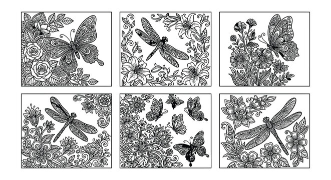 Floral butterfly and dragonfly patterns black and white vector set