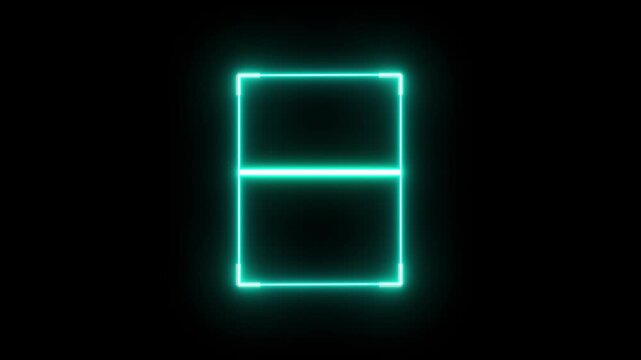 Blue neon square frame scanning with horizontal line on black background glow light illuminated dark