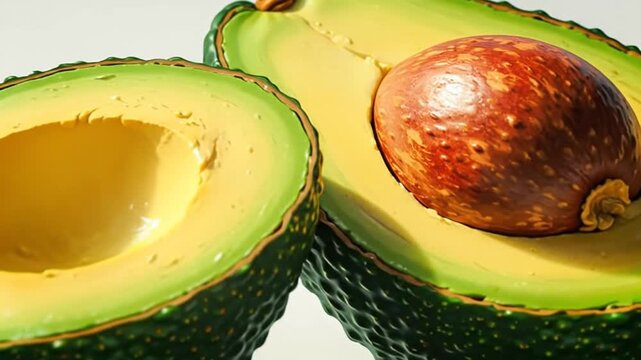 Freshly cut avocado halves with a seed, isolated on a white background