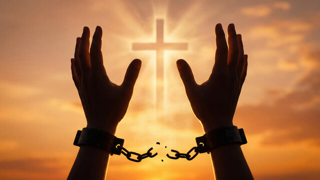 Silhouetted hands break free from chains, reaching towards a glowing Christian cross at sunset, symbolizing spiritual freedom and redemption