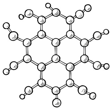 Stylized hand drawn illustration of a complex polycyclic aromatic hydrocarbon molecule
