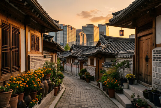 Korean Traditional Stone Wall Village &ndash; Hanok Alley Meets Modern City Skyline